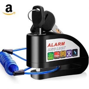 Candado Moto, 110dB Antirrobo Candado de Disco con1.5M Cable Enrollado y Candado Bolsa y 6 Batería Repuesto, Cerradura con alarma para Motos Motocicletas Bicicletas